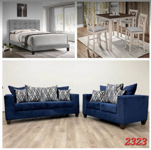 GREY QUEEN PLATFORM BED, WHITE 5PC DINETTE SET AND 2PC BLUE SOFA SET 3 ROOM PACKAGE