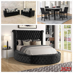 2PC BLACK FABRIC SOFA SET, BLACK 5PC COUNTER HEIGHT DINETTE SET, AND QUEEN STORAGE BLACK BED 3 ROOM PACKAGE
