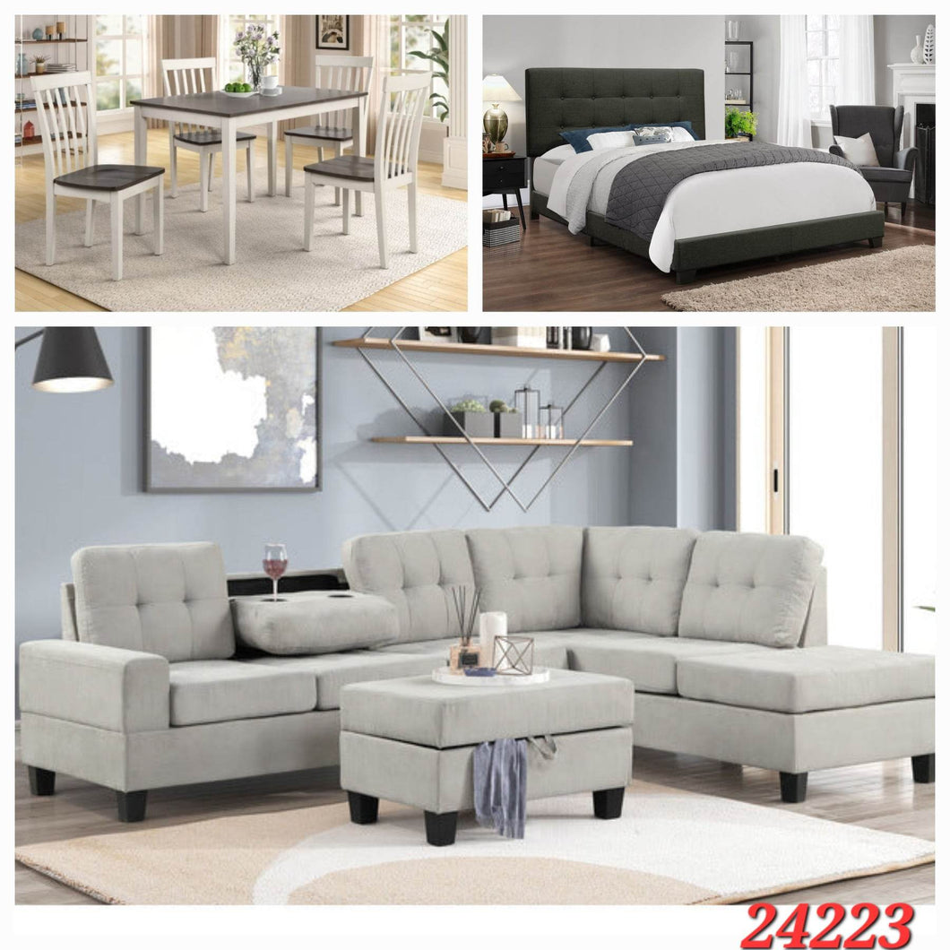 WHITE 5PC DINETTE SET, DARK GREY QUEEN BED, AND GREY FABRIC SECTIONAL 3 ROOM PACKAGE