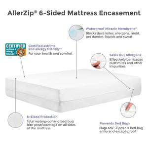 PROTECT-A-BED ALLERZIP 6-SIDED WATERPROOF MATTRESS PROTECTOR WITH ALLERGEN & BEDBUG/DUSTMITE PROTECTION