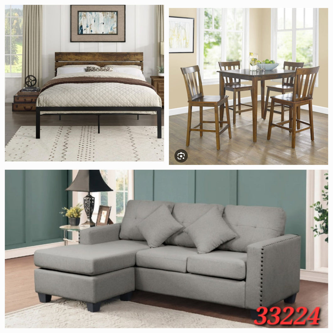QUEEN BROWN PLATFORM BED, 5PC CH DINETTE SET, AND BEIGE SECTIONAL  3 ROOM PACKAGE