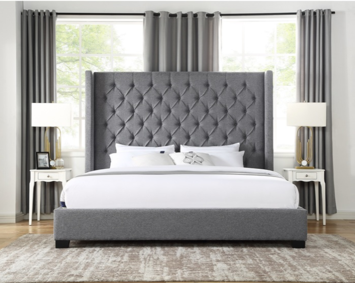 UPHOLSTERED QUEEN BED WITH GREY FABRIC