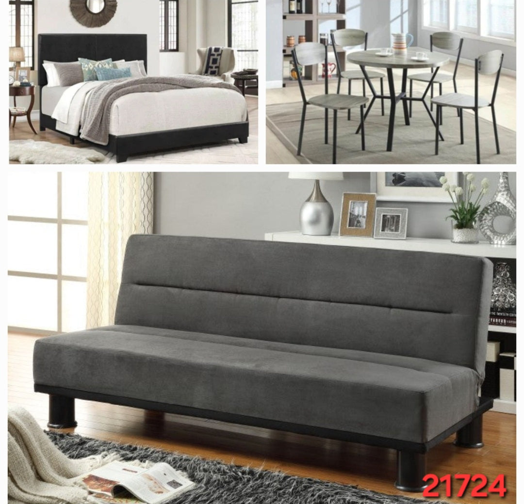 QUEEN BLACK PLATFORM BED, 5PC GREY DINETTE SET, AND GREY SOFA BED SKU ...