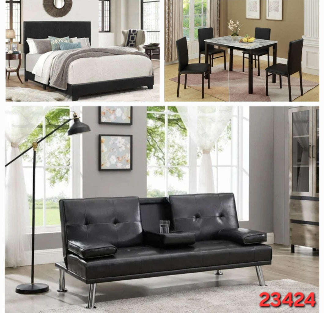 BLACK QUEEN PLATFORM BED, BLACK 5PC DINETTE SET AND BLACK PLUSH SOFA BED WITH DROP DOWN CUPHOLDER-  3 ROOM PACKAGE