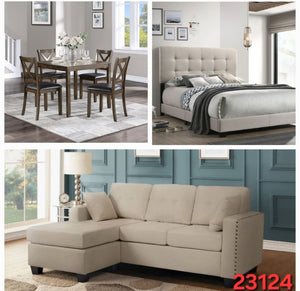 5PC DINETTE SET, BEIGE QUEEN BED AND BEIGE SECTIONAL 3 ROOM PACKAGE