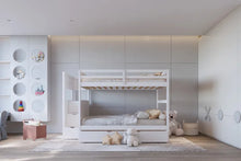 Load image into Gallery viewer, BB51 White FULL/FULL Bunk Bed w/Twin Trundle + Staircase Storage
