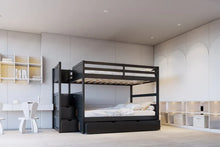 Load image into Gallery viewer, BB52 Black FULL/FULL Bunk Bed w/Twin Trundle + Staircase Storage
