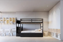 Load image into Gallery viewer, BB52 Black FULL/FULL Bunk Bed w/Twin Trundle + Staircase Storage
