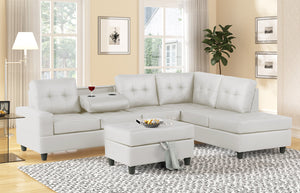10HEIGHTS WHITE FAUX LEATHER 3PC SECTIONAL WITH DROP DOWN CUP HOLDERS AND STORAGE OTTOMAN