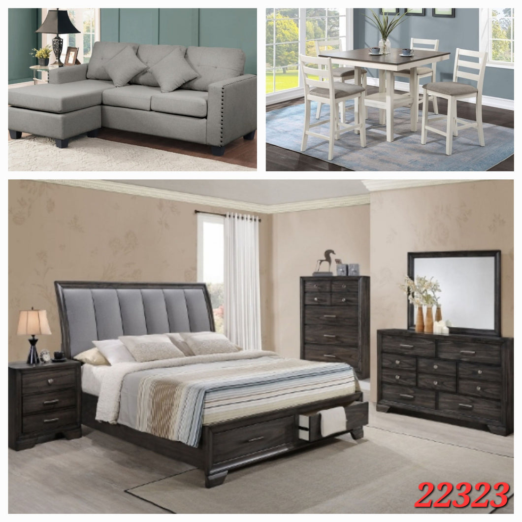 GREY SECTIONAL, 5PC BEIGE COUNTER HEIGHT DINETTE SET, AND GREY 6PC QUEEN BEDROOM SET 3 ROOM PACKAGE