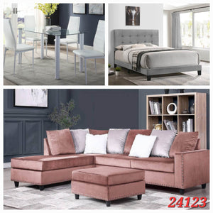 5PC WHITE GLASS DINETTE SET, QUEEN PLATFORM LIGHT GREY BED, AND PINK VELVET SECTIONAL 3 ROOM PACKAGE