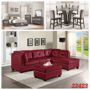 GREY QUEEN 6PC BEDROOM SET, GREY 5PC GLASS DINETTE SET, AND RED VELVET SECTIONAL WITH OTTOMAN 3 ROOM PACKAGE