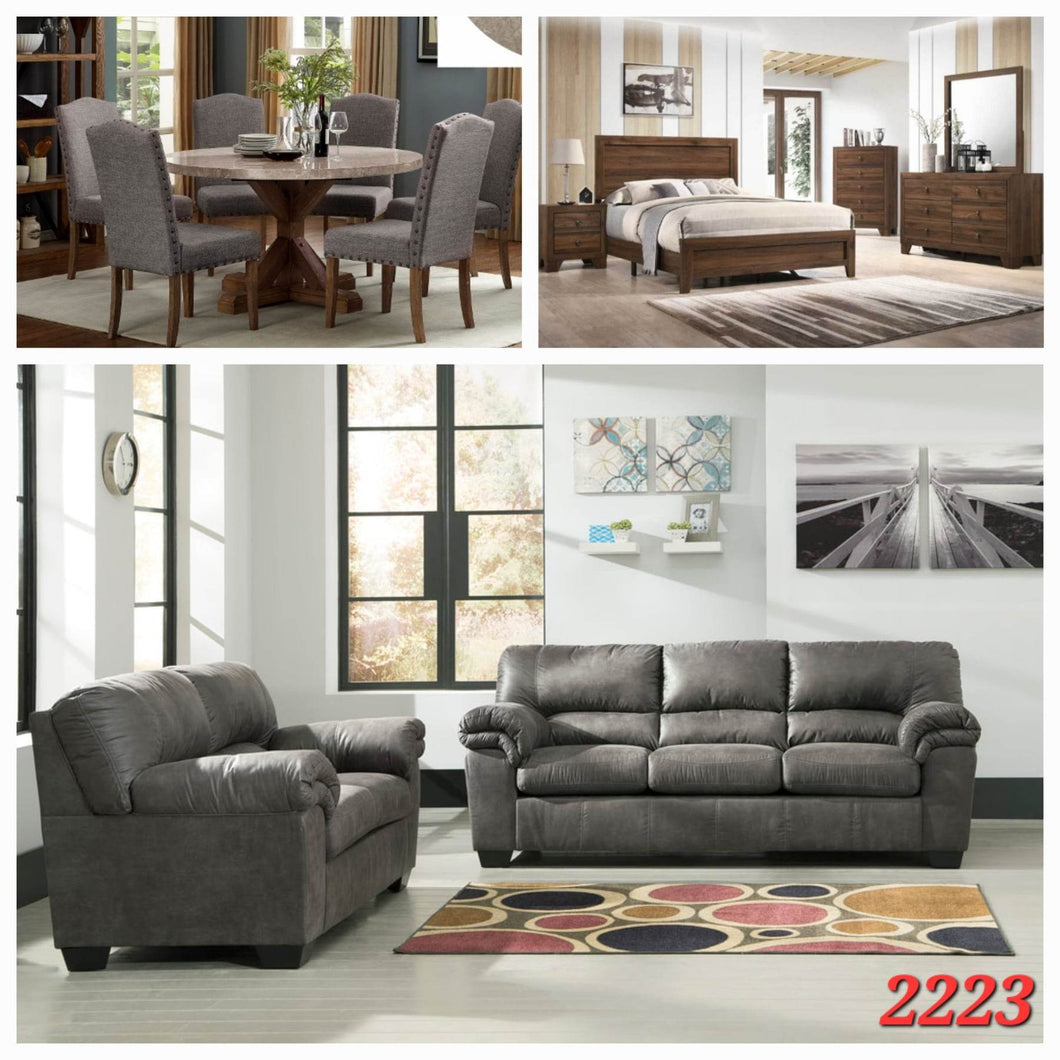 5PC ROUND REAL MARBLE DINETTE SET, 6PC BROWN BEDROOM SET, 2PC GREY SOFA SET 3 ROOM PACKAGE