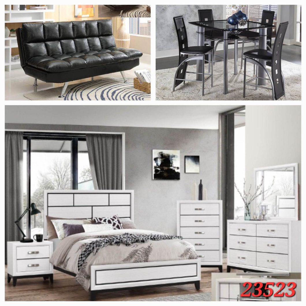 BLACK PLUSH SOFA BED, 5PC BLACK GLASS DINETTE SET, AND 6PC WHITE QUEEN BEDROOM SET 3 ROOM PACKAGE