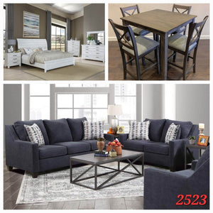 QUEEN 6PC WHITE FORMAL BEDROOM SET, 5PC GREY DINETTE SET, AND 2PC NAVY BLUE SOFA SET 3 ROOM PACKAGE