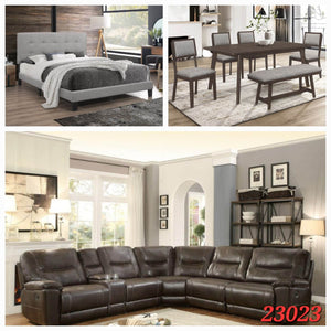 QUEEN GREY PLATFORM BED, 5PC GREY/BROWN DINETTE SET, AND BROWN GEL LEATHER RECLINING SECTIONAL 3 ROOM PACKAGE