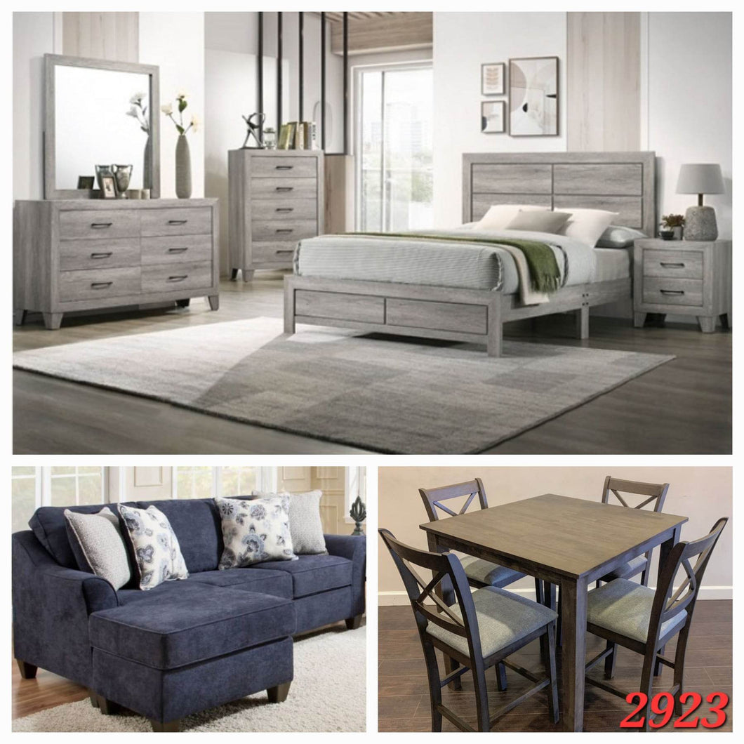 QUEEN LIGHT GREY PLATFORM BEDROOM SET, 5PC GREY COUNTER HEIGHT DINETTE SET, AND BLUE SECTIONAL 3 ROOM PACKAGE