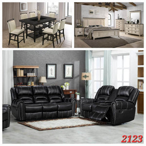 7PC BEIGE/ESPRESSO COUNTER HEIGHT DINETTE SET, QUEEN 6PC BEDROOM SET, 2PC BLACK LEATHER GEL RECLINERS 3 ROOM PACKAGE
