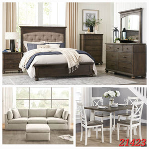 QUEEN BROWN 6PC BEDROOM SET, BEIGE REVERSIBEL SECTIONAL, AND 5PC WHITE DINETTE SET 3 ROOM PACKAGE