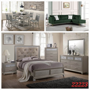 7PC GREY DINETTE SET, GREEN VELVET SECTIONAL, AND 6PC GOLD BEDROOM SET 3 ROOM PACKAGE