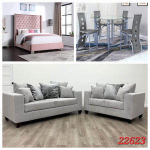 PINK 6FT QUEEN BED, 5PC GREY GLASS DINETTE SET, AND 2PC DOVE SOFA SET 3 ROOM PACKAGE