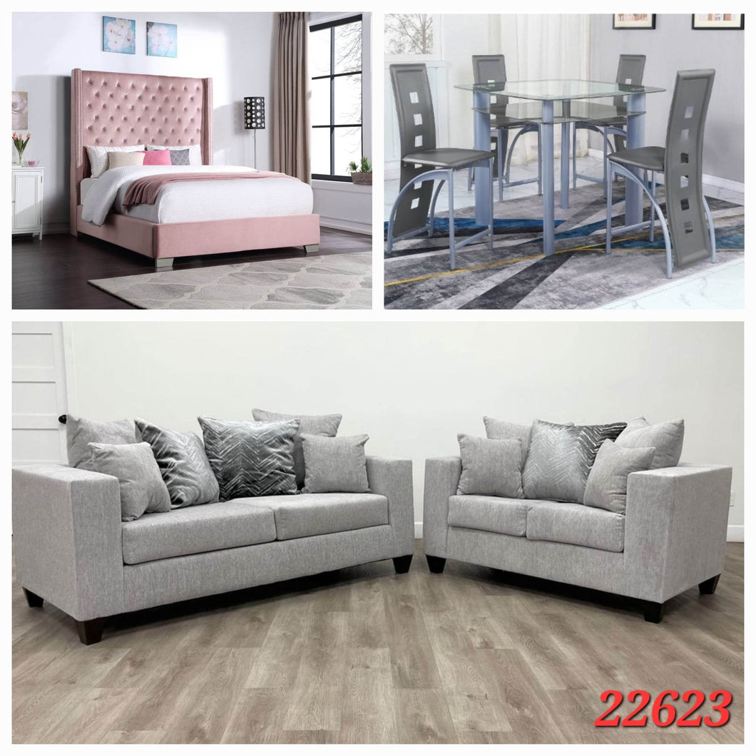 PINK 6FT QUEEN BED, 5PC GREY GLASS DINETTE SET, AND 2PC DOVE SOFA SET 3 ROOM PACKAGE
