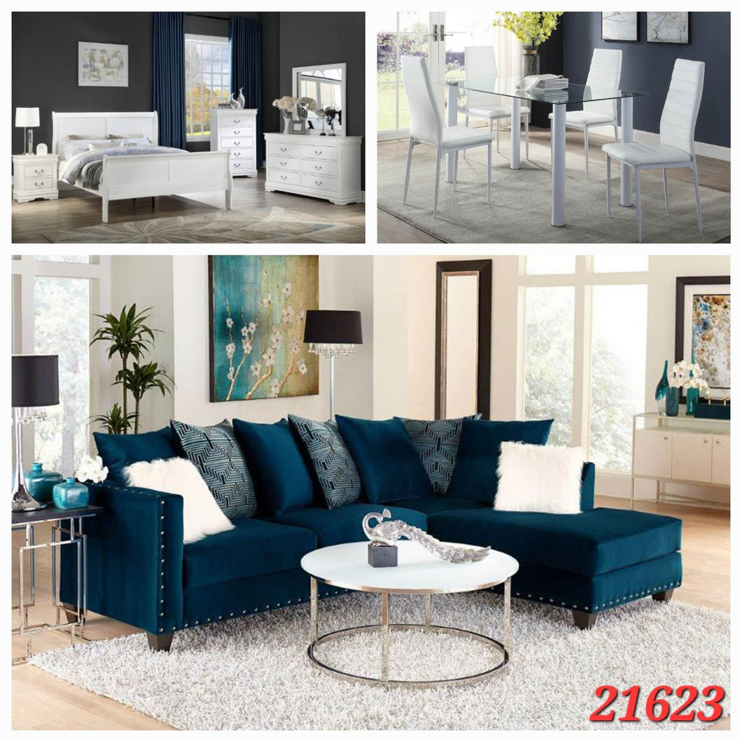 WHITE 6PC QUEEN BEDROOM SET, WHITE GLASS 5PC DINETTE SET, AND BLUE SECTIONAL 3 ROOM PACKAGE