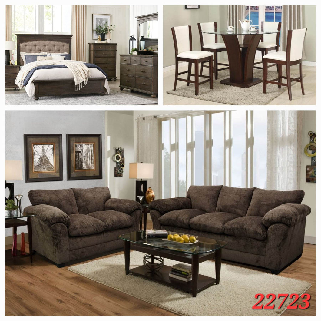 QUEEN BROWN 6PC BEDROOM SET, 5PC WHITE/ BROWN GLASS ROUND DINETTE SET, AND 2PC BROWN FABRIC SOFA SET 3 ROOM PACKAGE