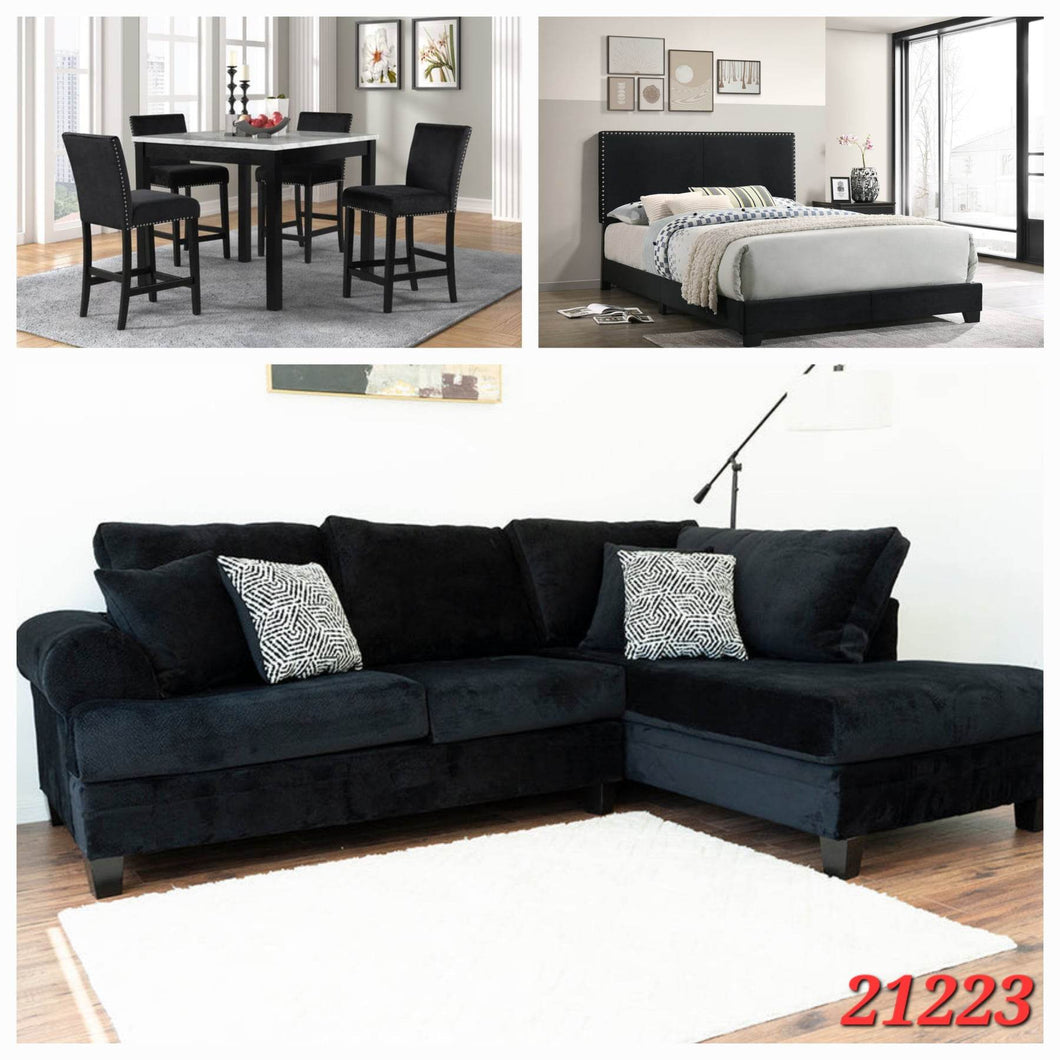 5PC BLACK COUNTER HEIGHT DINETTE SET, QUEEN BLACK PLATFORM BED, BLACK VELVET SECTIONAL 3 ROOM PACKAGE