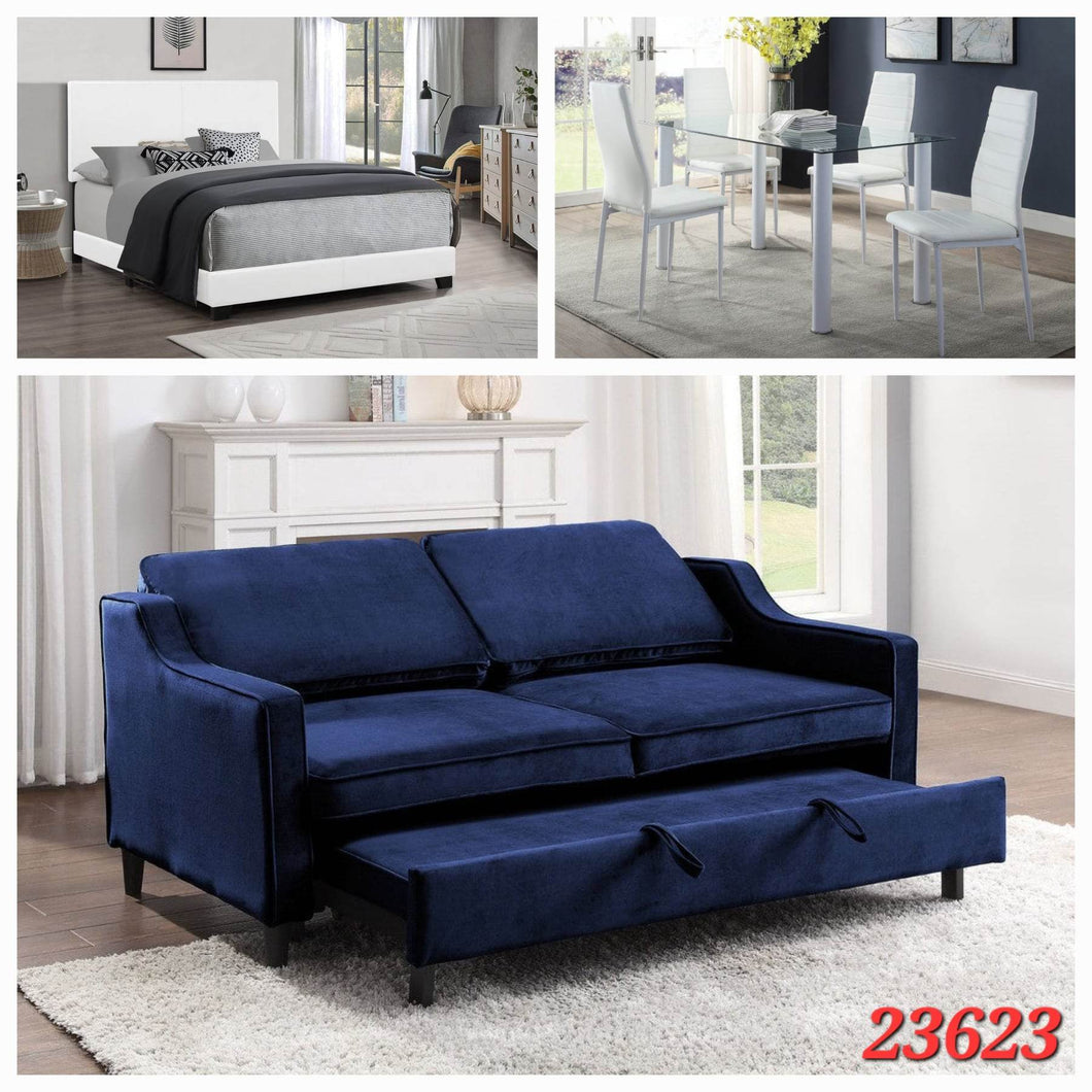 QUEEN WHITE PLATFORM BED, WHITE 5PC GLASS DINETTE SET, AND BLUE SLEEPER SOFA 3 ROOM PACKAGE