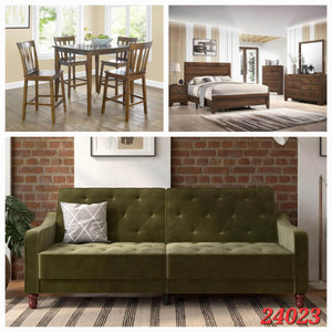 BROWN 5PC DINETTE SET, BROWN 6PC QUEEN BEDROOM SET, GREEN VELVET SOFA SLEEPER 3 ROOM PACKAGE