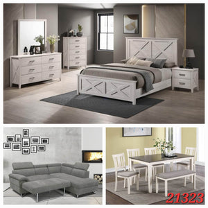 QUEEN WHITE 6PC BEDROOM SET, GREY LINEN SECTIONAL SOFA BED, AND BEIGE 5PC DINETTE SET 3 ROOM PACKAGE