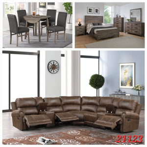 5PC DARK GREY/BROWN DINETTE SET, BROWN 6PC QUEEN BEDROOM SET, AND BROWN GEL LEATHER RECLINING SECTIONAL 3 ROOM PACKAGE