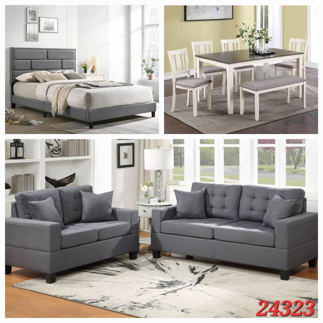 GREY PLATFORM QUEEN BED, WHITE 5PC DINETTE SET, AND 2PC GREY SOFA SET 3 ROOM PACKAGE