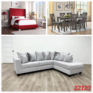 QUEEN RED VELVET 6FT BED, 5PC GREY DINETTE SET, DOVE SECTIONAL 3 ROOM PACKAGE