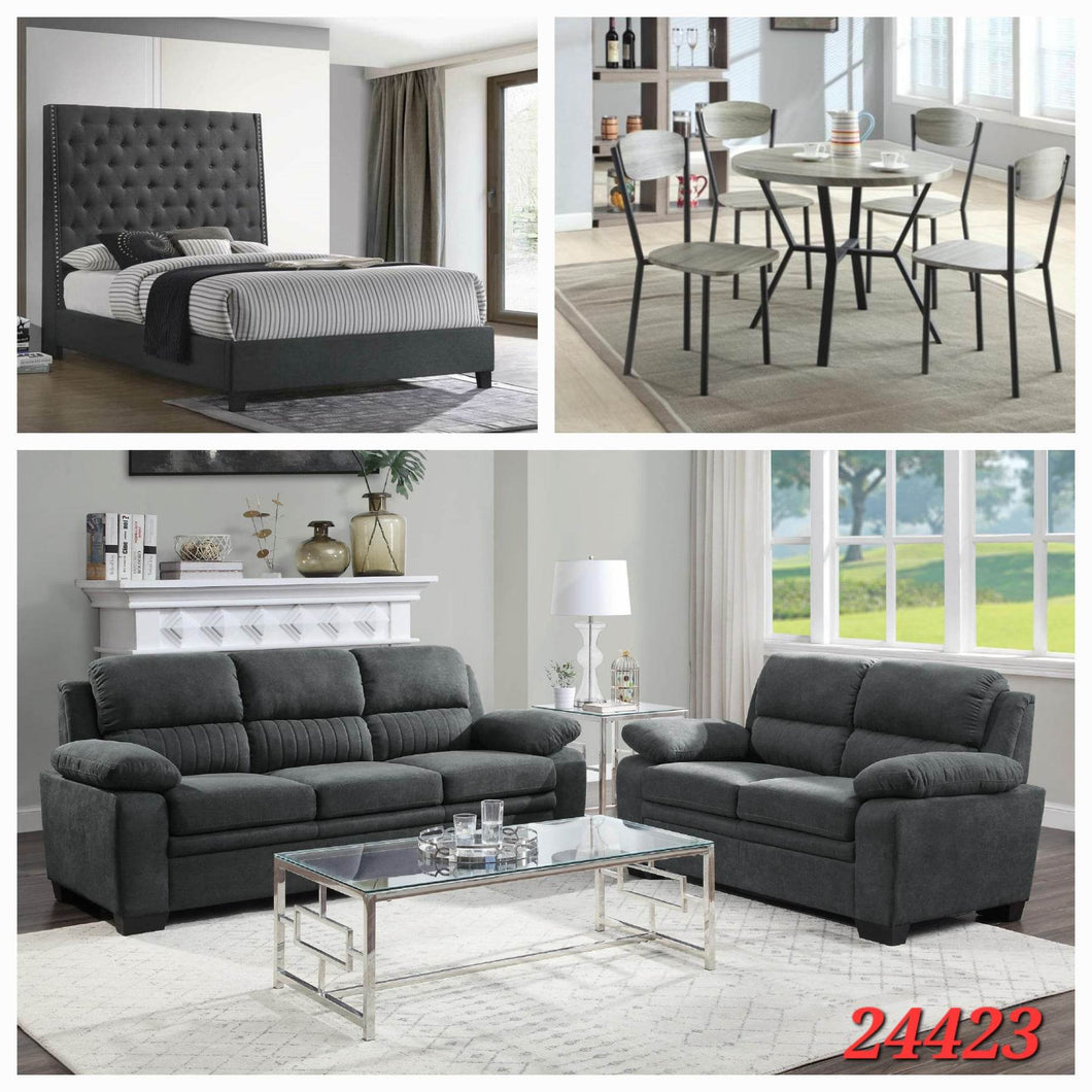 QUEEN GREY 6FT BED, GREY 5PC DINETTE SET, AND GREY 2PC SOFA SET 3 ROOM PACKAGE
