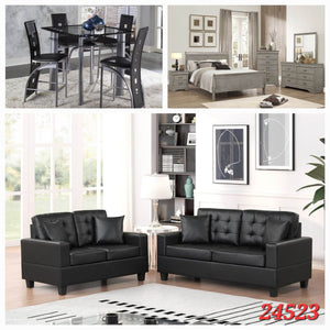 BLACK 5PC GLASS DINETTE, GREY QUEEN 6PC BEDROOM SET, AND 2PC BLACK SOFA SET 3 ROOM PACKAGE