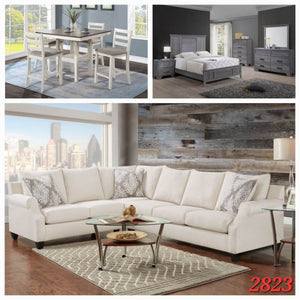 BEIGE COUNTER HEIGHT 5PC DINETTE SET, GREY QUEEN 6PC BEDROOM SET, AND BEIGE OVERSIZED SECTIONAL 3 ROOM PACKAGE