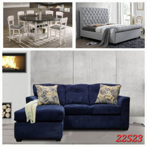 5PC WHITE DINETTE SET, QUEEN LIGHT GREY VELVET BED, AND BLUE SECTIONAL 3 ROOM PACKAGE