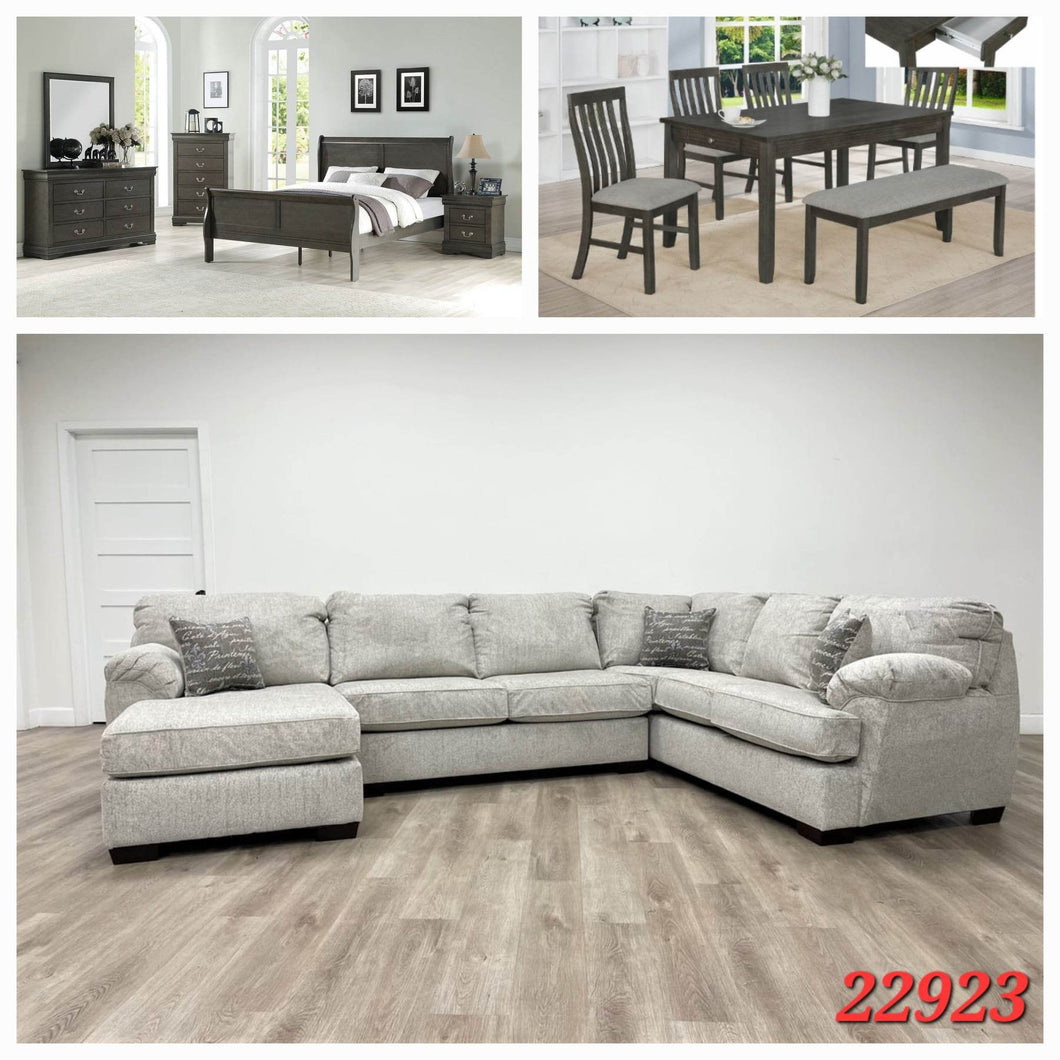 QUEEN 6PC DARK GREY BEDROOM SET, 5PC DARK GREY DINETTE SET, AND OATMEAL OVERSIZED SECTIONAL 3 ROOM PACKAGE