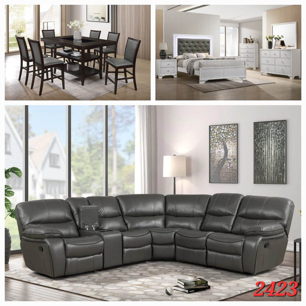7PC GREY/ESPRESSO DINETTE SET, QUEEN 6PC WHITE LED LIGHTS BEDROOM SET, AND GREY GEL LEATHER RECLINING SECTIONAL 3 ROOM PACKAGE