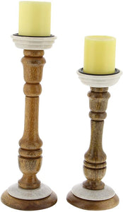 SET OF 2 WOOD/MARBLE CANDLE HOLDERS