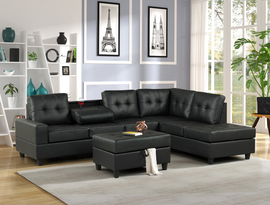 1HEIGHTS LEATHER 3PC SECTIONAL+OTTOMAN SET WITH DROPDOWN CUP HOLDERS (3 COLORS)