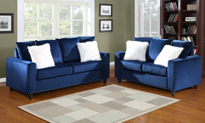 JESS BLUE VELVET 2PC SOFA SET WITH WHITE PILLOWS