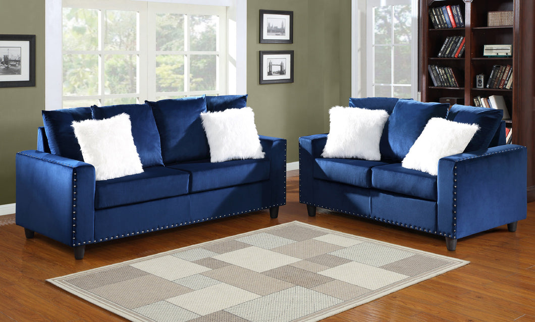 JESS BLUE VELVET 2PC SOFA SET WITH WHITE PILLOWS