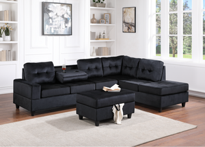 20HEIGHTS VELVET 3PC SECTIONAL WITH DROP DOWN CUP HOLDERS AND STORAGE OTTOMAN (3 COLORS)