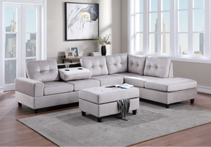 20HEIGHTS VELVET 3PC SECTIONAL WITH DROP DOWN CUP HOLDERS AND STORAGE OTTOMAN (3 COLORS)