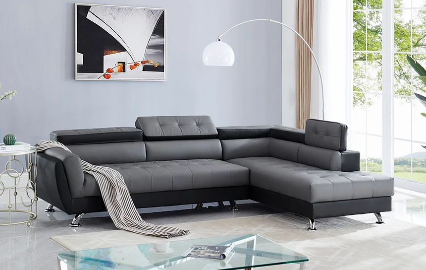 IZZI BONDED LEATHER SECTIONAL WITH FLIP TOP HEADRESTS IN GRAY