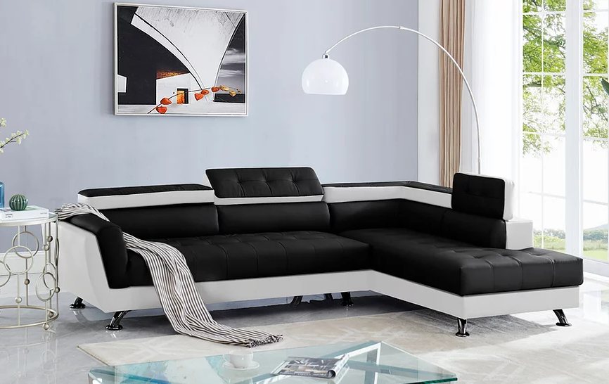IZZI BONDED LEATHER SECTIONAL WITH FLIP TOP HEADRESTS IN BLACK